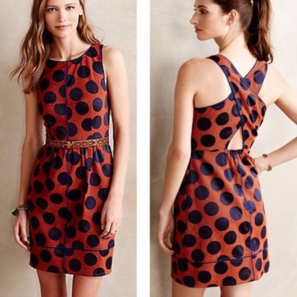 Anthropologie Orange & Blue Polka Dot Dress, sz 2